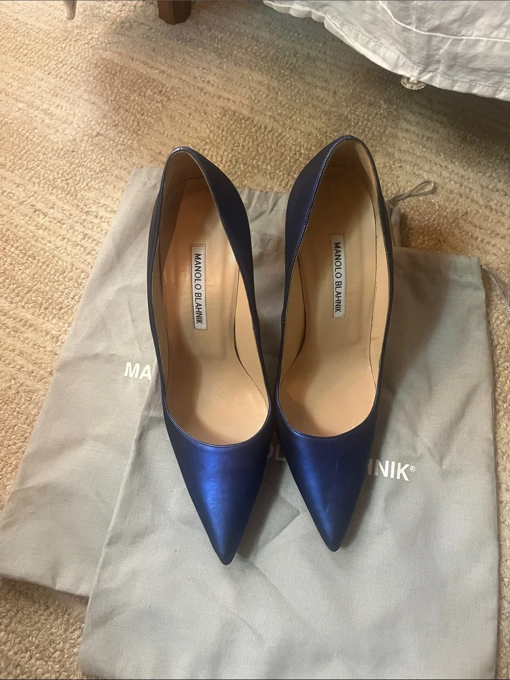 Manolo Blahnik Navy Satin Pointed-Toe Pumps